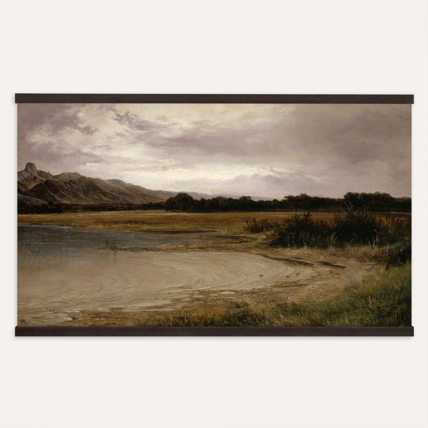 59141025-MGV-TP-30X20 - Romanticism oil study tapestry wall hanging of "A Lake Landscape" by Joseph Selleny, showing a still mountain lake under gathering storm clouds, with steep dark slopes falling straight into the water in deep slate blue water and dark mountain slopes under a heavy grey sky. Extra large wall art, made in the USA.