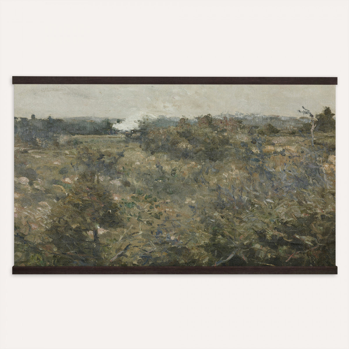 17414183-MGV-TP-30X20 - Realism oil study tapestry wall hanging of "Landscape Study at Grez-sur-Loing" by Frans Van Leemputten, showing an open field study at Grez-sur-Loing, with loose brushwork across low crops, hedgerows, and a soft French sky in soft field greens and warm earth tones under a pale washed sky. Extra large wall art, made in the USA.