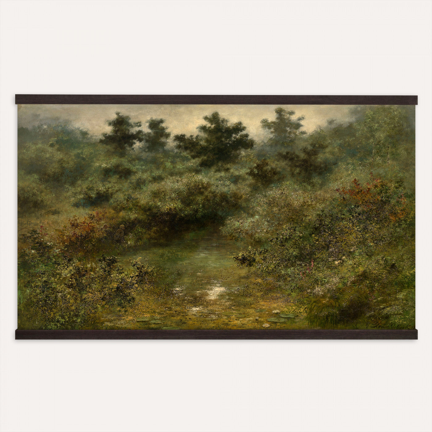 66880646-MGV-TP-30X20 - Barbizon oil painting tapestry wall hanging of "By the Brook" by Xavier De Cock, showing a shaded brook winding through dense woodland, with a small hidden figure resting among the trees in dark layered forest greens with warm brown earth and pale water light. Extra large wall art, made in the USA.