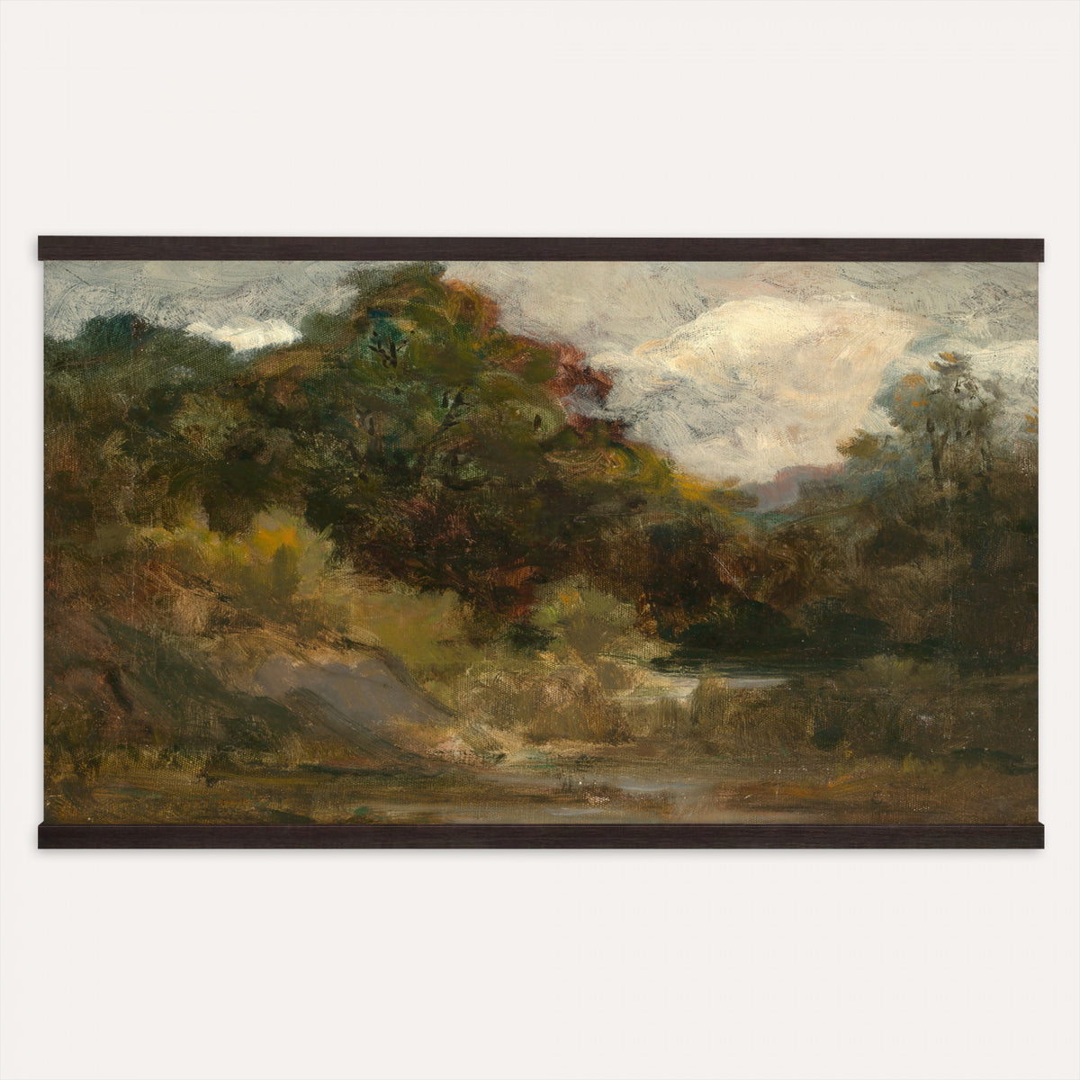 50859690-MGV-TP-30X20 - Tonalism oil painting tapestry wall hanging of "Landscape with Trees" by Edward Mitchell Bannister, showing dense shadowed trees leaning over a quiet river bend, with distant hills softened by evening haze in deep forest greens and browns under a muted silver-grey sky. Extra large wall art, made in the USA.