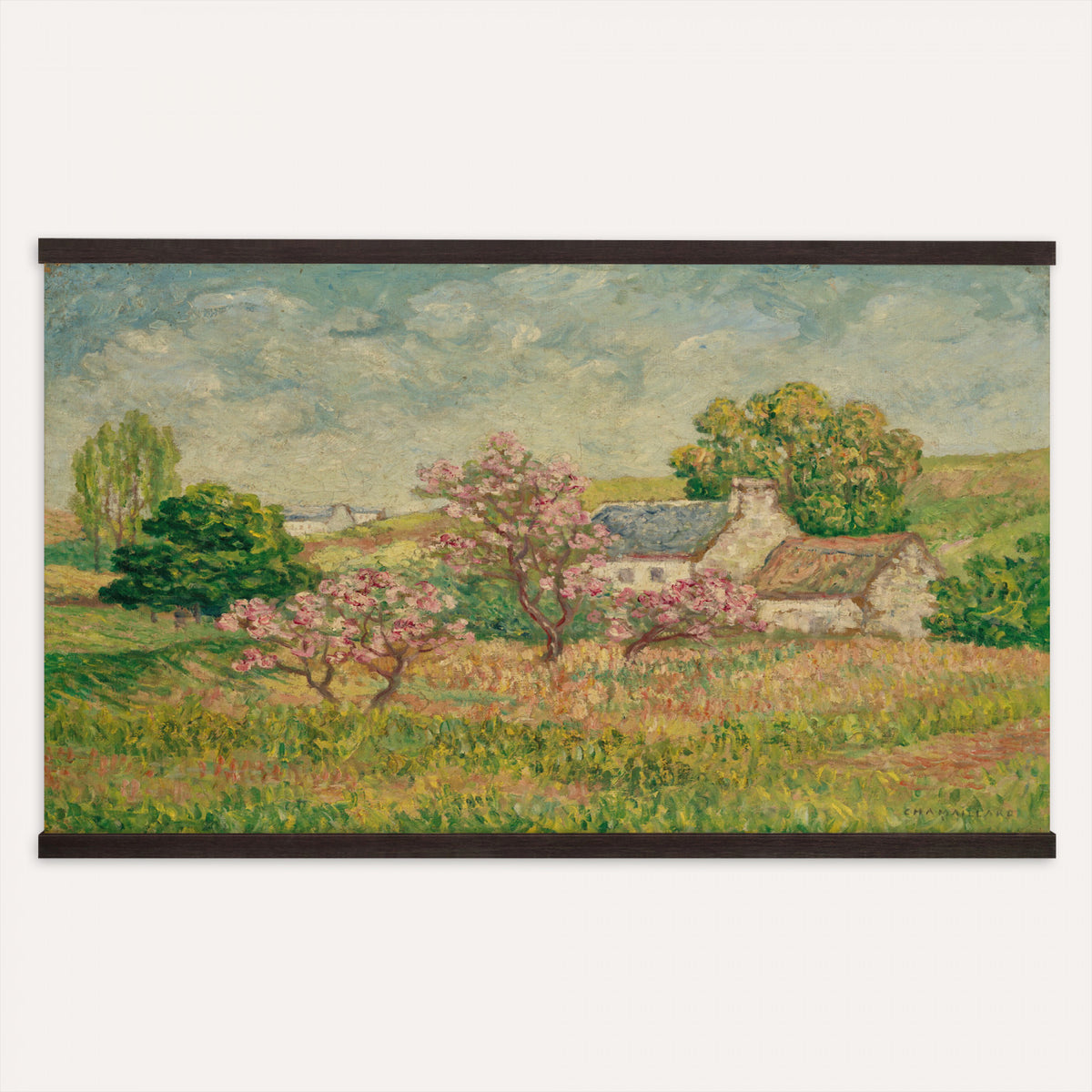 67494912-MGV-TP-30X20 - Post Impressionism oil painting tapestry wall hanging of "Spring" by Ernest de Chamaillard, showing a stone Breton cottage behind a blossoming tree in full pink bloom, with a bright spring garden around it in soft pink blossoms against grey stone walls and new spring green. Extra large wall art, made in the USA.