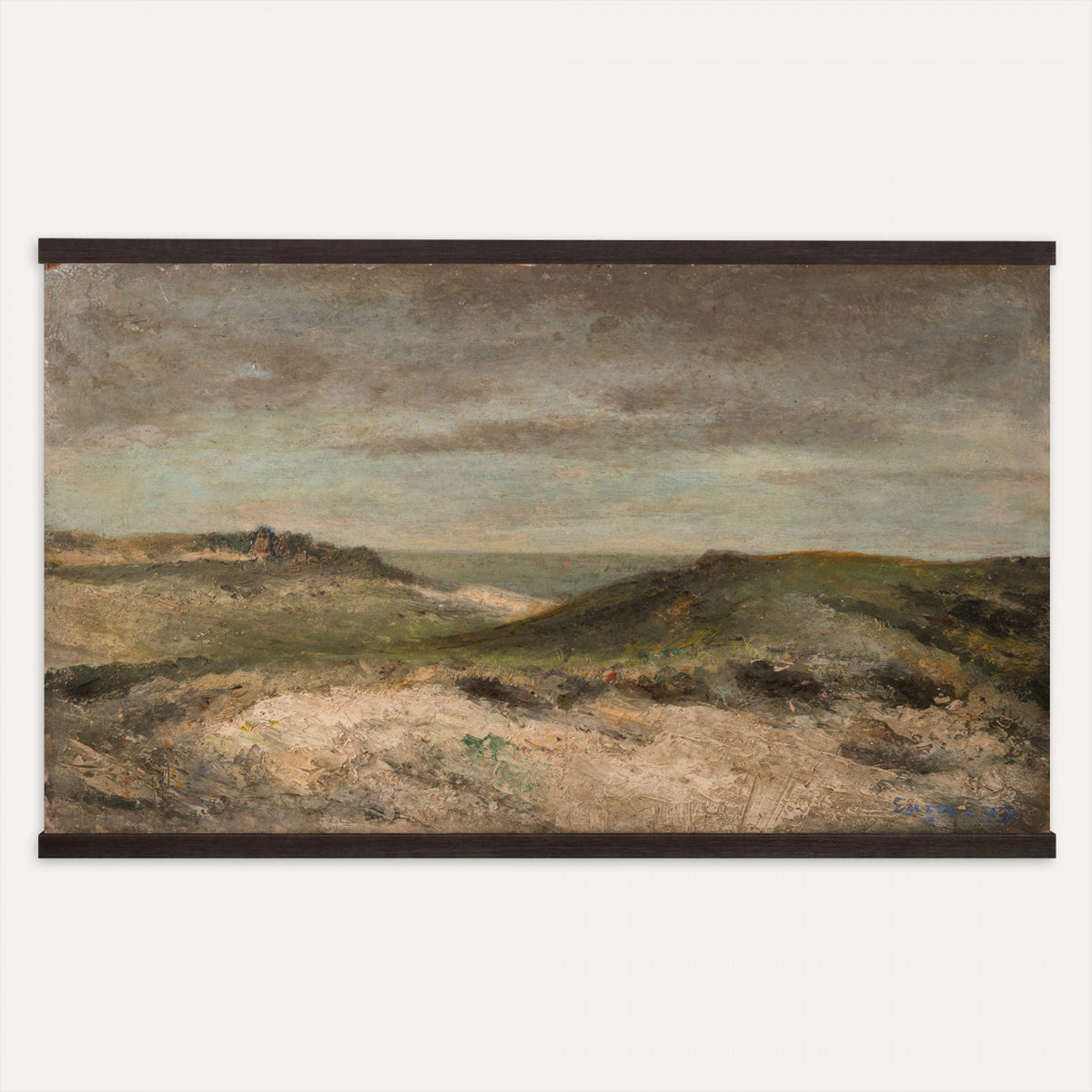68383237-MGV-TP-30X20 - Expressionism oil painting tapestry wall hanging of "Dunes" by James Ensor, showing a steep dune ridge cutting across the canvas, with wind-bent grasses and a heavy sky pressing down behind it in muted sand and olive dune tones under a dark weighted sky. Extra large wall art, made in the USA.