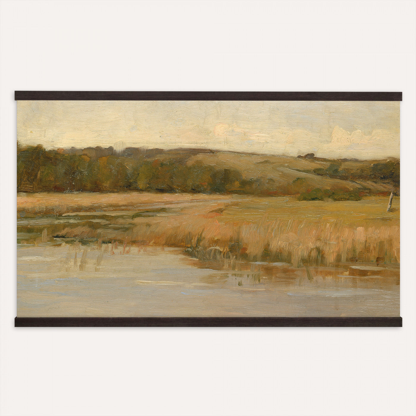 94353895-MGV-TP-30X20 - Tonalism oil painting tapestry wall hanging of "Hill and Marshland" by Charles Harold Davis, showing a low marsh threaded with still water channels, tall reeds, and a rounded hill under a wide luminous sky in muted marsh greens and browns under a wide pale luminous sky. Extra large wall art, made in the USA.