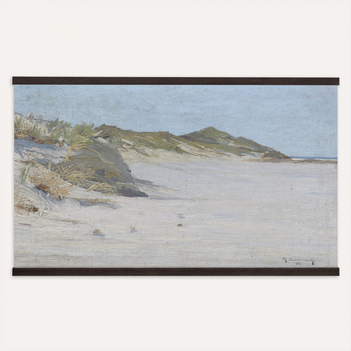 74023087-MGV-TP-30X20 - Impressionism oil painting tapestry wall hanging of "Beach Dunes" by Max Clarenbach, showing low rolling sand dunes topped with pale beach grass, opening toward a quiet sea under a wide soft sky in pale sand tones and dune grass under a wide soft blue-grey sky. Extra large wall art, made in the USA.
