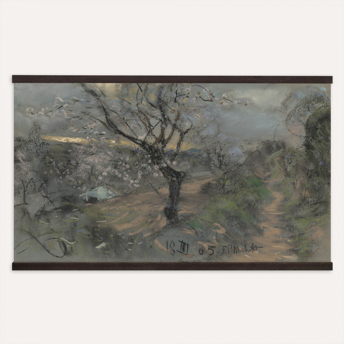 39102913-MGV-TP-30X20 - Realism charcoal and pastel sketch tapestry wall hanging of "Fields with Trees in Blossom" by Francesco Paolo Michetti, showing a dark country road running between blossoming trees, drawn in heavy charcoal under a low stormy sky in deep charcoal greys and blacks with pale blossom highlights. Extra large wall art, made in the USA.