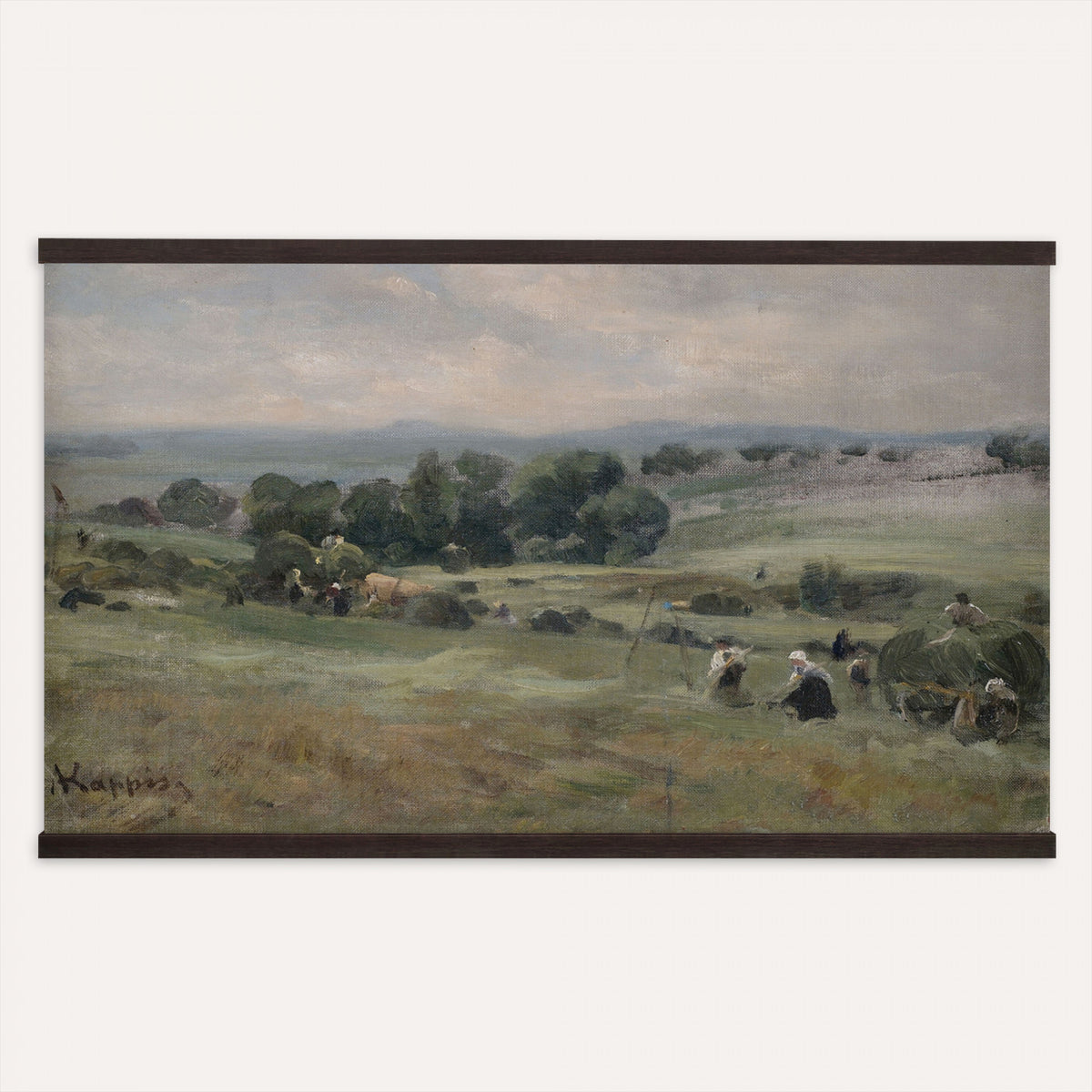98563887-MGV-TP-30X20 - Realism oil painting tapestry wall hanging of "Heuernte" by Albert Kappis, showing farmworkers gathering hay in a wide summer field, with loaded carts, tall stacks, and a warm open sky in warm golden hay tones with green field edges under a bright summer sky. Extra large wall art, made in the USA.