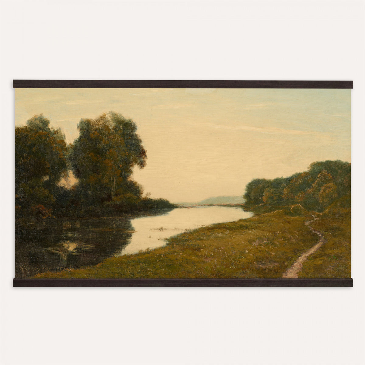 55107268-MGV-TP-30X20 - Barbizon watercolor tapestry wall hanging of "View of a Stream" by Henri-Joseph Harpignies, showing a narrow stream curving through soft banks, with a worn footpath and full leafy trees closing in overhead in soft green foliage and cool blue water under a pale washed sky. Extra large wall art, made in the USA.