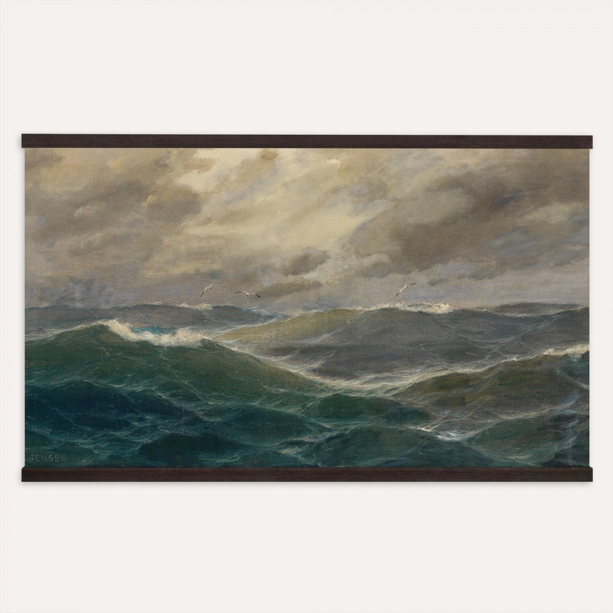 93539190-MGV-TP-30X20 - Realism oil painting tapestry wall hanging of "Stormy Sea" by Alfred Jensen, showing heavy breaking waves rolling under a dark storm sky, with white foam catching the last light on the water in deep grey-green waves with white foam under a heavy storm sky. Extra large wall art, made in the USA.