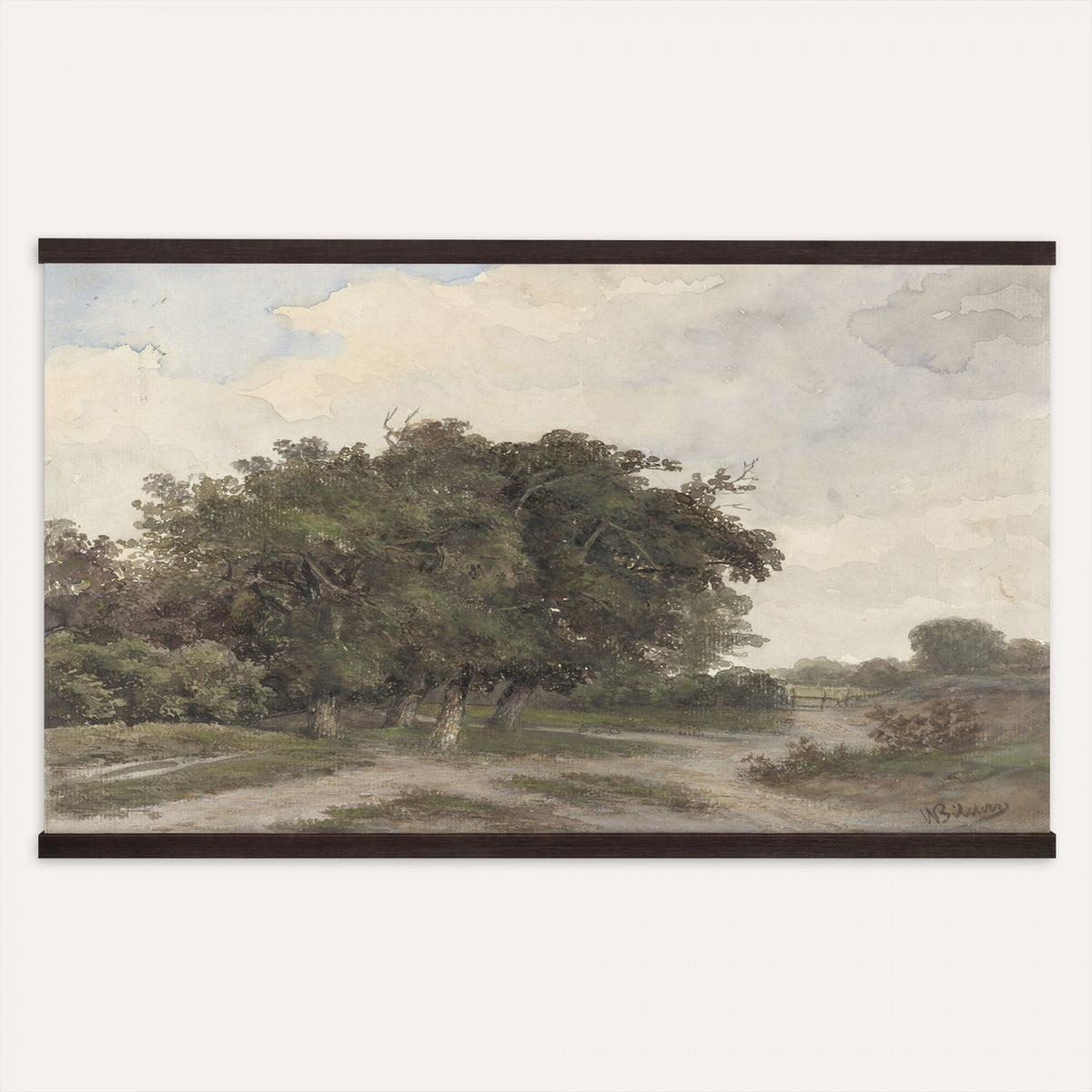 73613327-MGV-TP-30X20 - Realism oil painting tapestry wall hanging of "Landscape with Trees" by Johannes Warnardus Bilders, showing tall old trees along a quiet woodland path, with dappled light falling through the canopy onto open ground in warm brown trunks and layered green foliage under a soft grey sky. Extra large wall art, made in the USA.