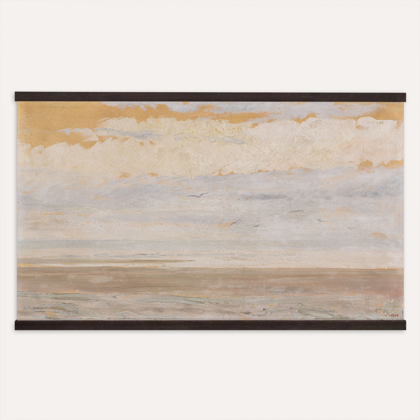 84110612-MGV-TP-30X20 - Art Nouveau pastel study tapestry wall hanging of "The Immensity" by Antoni Fabres, showing a wide empty shoreline meeting a soft pastel sky, with slow drifting clouds and a barely visible horizon line in pale pink, cream, and soft blue cloud tones over a quiet shore. Extra large wall art, made in the USA.