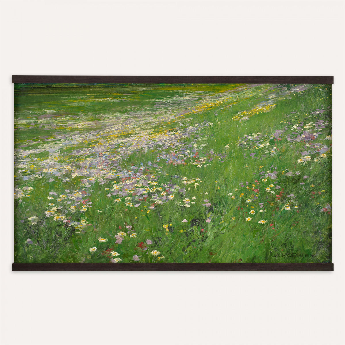 63535040-MGV-TP-30X20 - Impressionism oil painting tapestry wall hanging of "Wildflower Meadow", showing a wide meadow of daisies and summer wildflowers, painted in quick color strokes under warm open light in white daisies and yellow blooms across fresh green grass. Extra large wall art, made in the USA.
