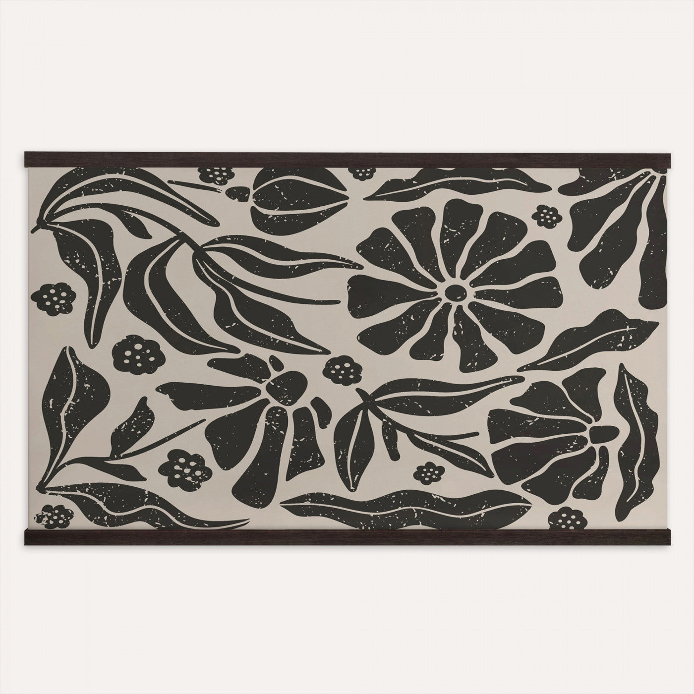 21342917-MGV-TP-30X20 - Mid Century Modern linocut print tapestry wall hanging of "Abstract Floral Linocut", showing simplified flower heads and stems cut into bold black shapes against clean white space in bold black shapes on a bright white ground. Extra large wall art, made in the USA.