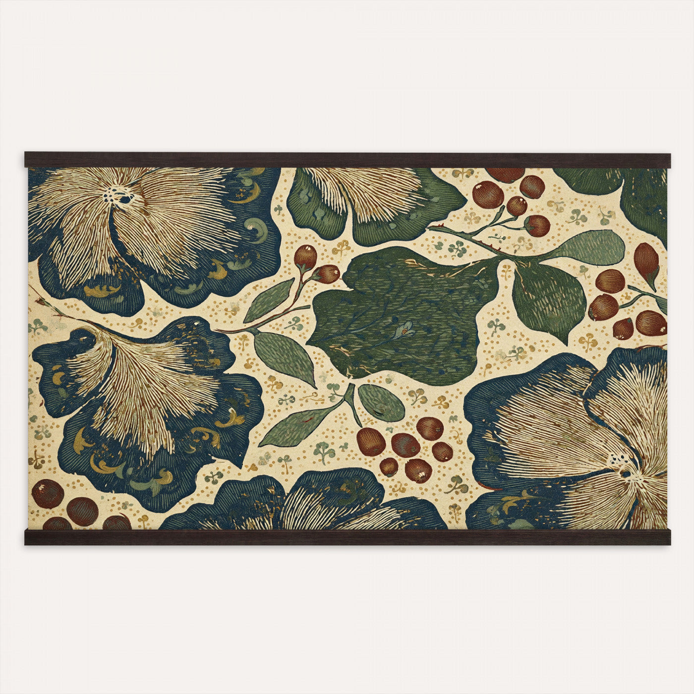 92325062-MGV-TP-30X20 - Art Nouveau pattern design tapestry wall hanging of "Sage Botanical Pattern" by William Morris, showing sage green stems, open flowers and layered foliage repeating in a balanced botanical weave in sage and olive green with soft cream botanical linework. Extra large wall art, made in the USA.