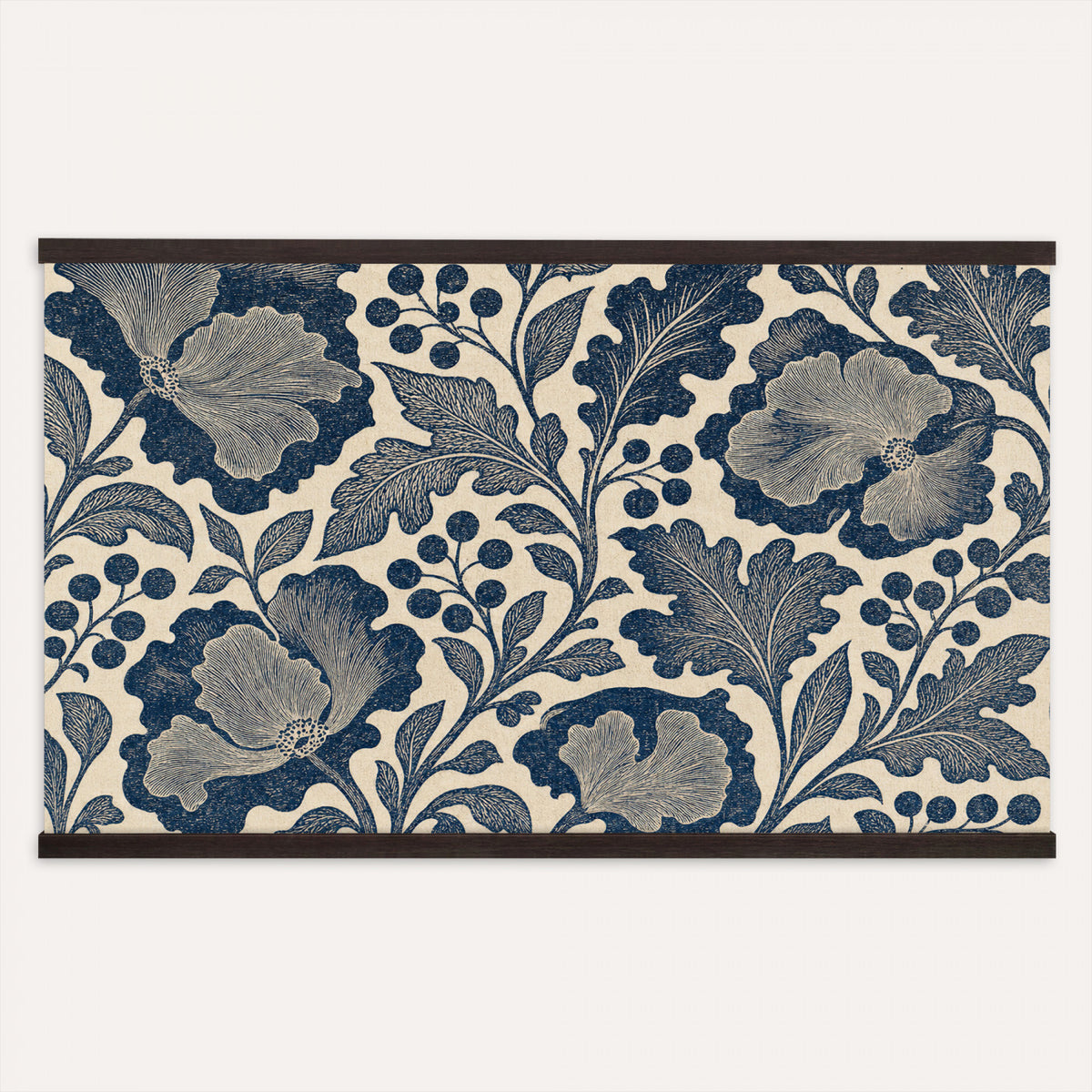 97130377-MGV-TP-30X20 - Art Nouveau pattern design tapestry wall hanging of "Indigo Botanical Pattern" by William Morris, showing trailing indigo stems, open blossoms and curling leaves repeating across the full width in deep indigo and cobalt blue with soft cream linework. Extra large wall art, made in the USA.