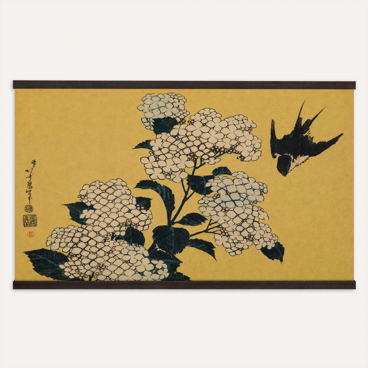 24787197-MGV-TP-30X20 - Ukiyo-e woodblock print tapestry wall hanging of "Hydrangea and Swallow" by Katsushika Hokusai, showing a swallow in flight above a full hydrangea head, drawn with the precise line of Japanese woodblock in soft blue hydrangea blooms with warm gold ground. Extra large wall art, made in the USA.