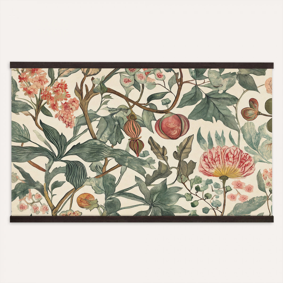 67322868-MGV-TP-30X20 - Art Nouveau pattern design tapestry wall hanging of "Pomegranate Botanical Pattern" by William Morris, showing a repeating weave of pomegranates, open blossoms and curling acanthus leaves in perfect balance in warm ruby fruit and deep green foliage on a cream ground. Extra large wall art, made in the USA.