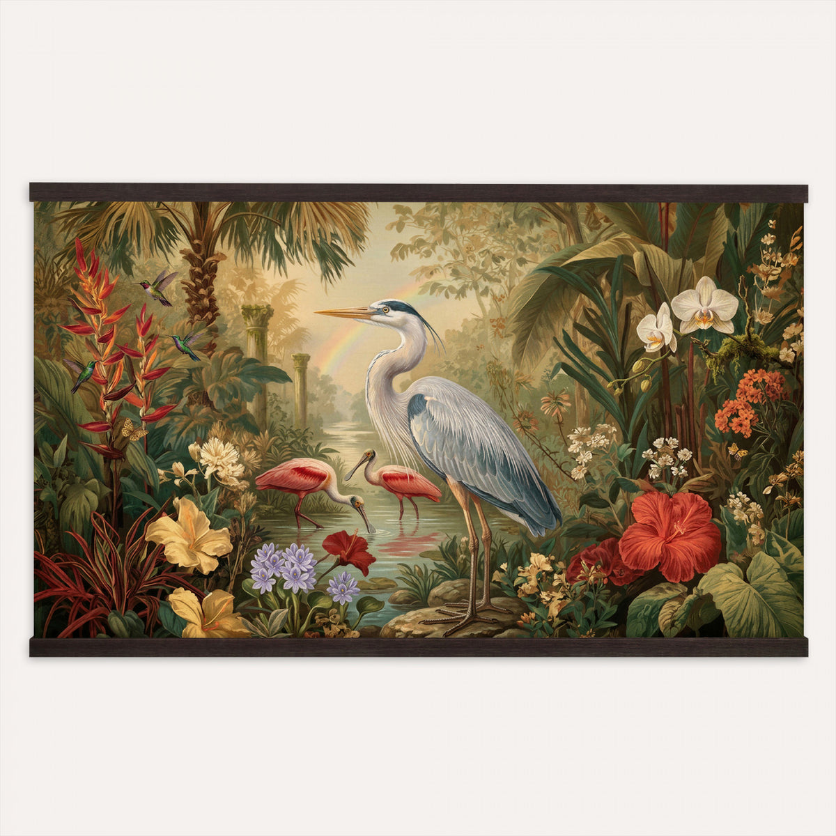 20081183-MGV-TP-30X20 - Botanical botanical illustration tapestry wall hanging of "Great Blue Heron in the Jungle", showing a great blue heron standing among hibiscus blooms, palm fronds and dense tropical foliage in deep jungle greens with red hibiscus and soft blue heron plumage. Extra large wall art, made in the USA.