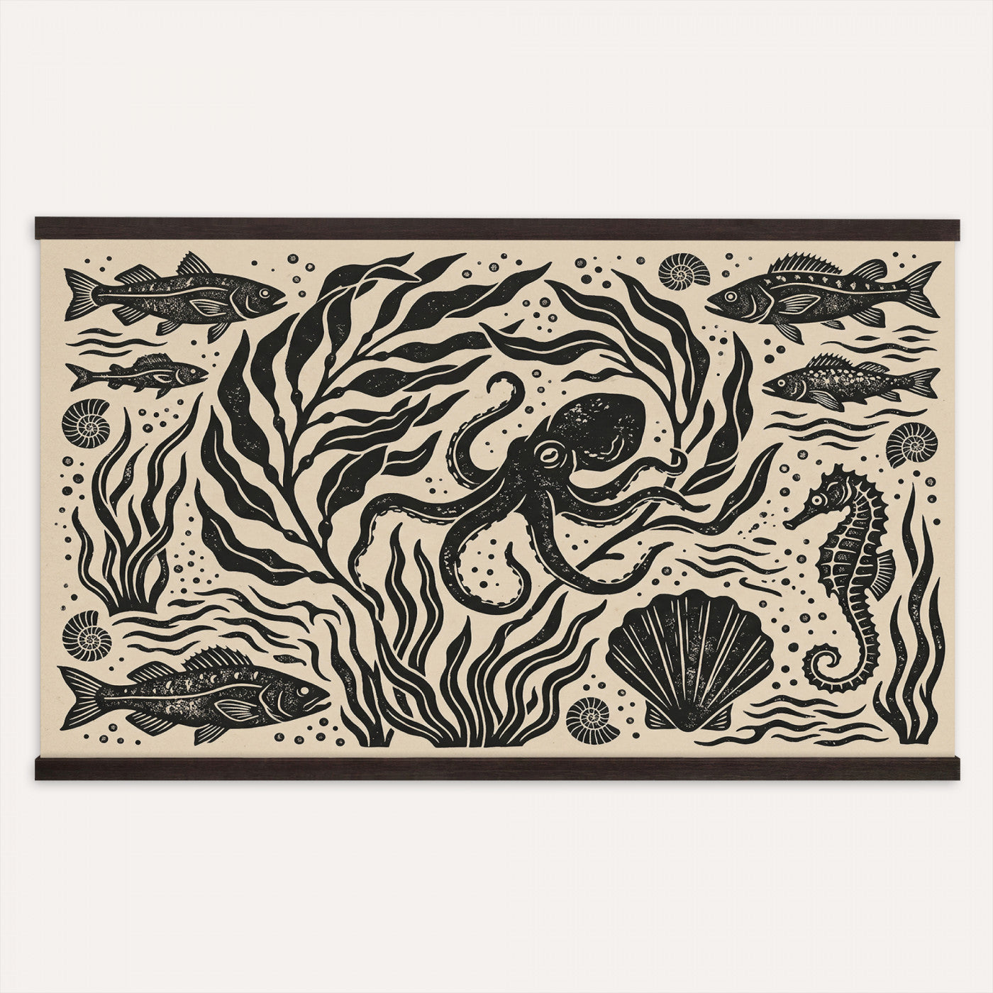 75988079-MGV-TP-30X20 - Folk Art linocut print tapestry wall hanging of "Ocean Life Panel", showing an octopus, seahorses, shells and curling waves cut into bold black and white folk art shapes in bold black linocut shapes on a cream ground. Extra large wall art, made in the USA.
