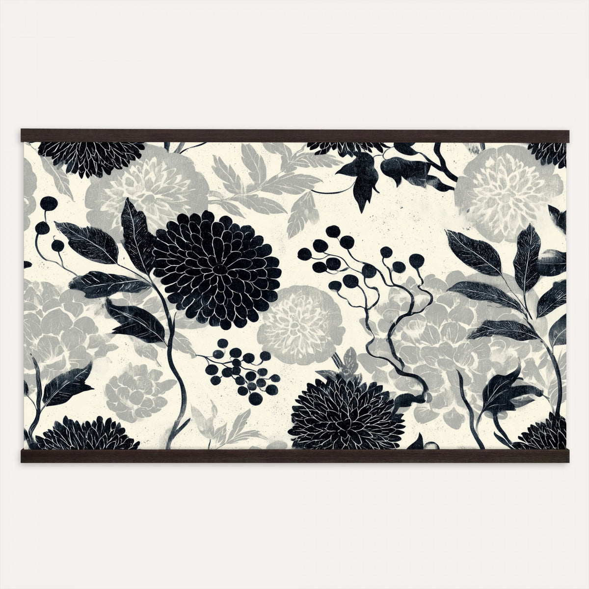27269625-MGV-TP-30X20 - Chinoiserie ink block print tapestry wall hanging of "Chinoiserie Peony and Chrysanthemum Panel", showing peonies and chrysanthemums layered across a soft grey field, drawn in muted black line in black and soft grey linework on a warm neutral ground. Extra large wall art, made in the USA.
