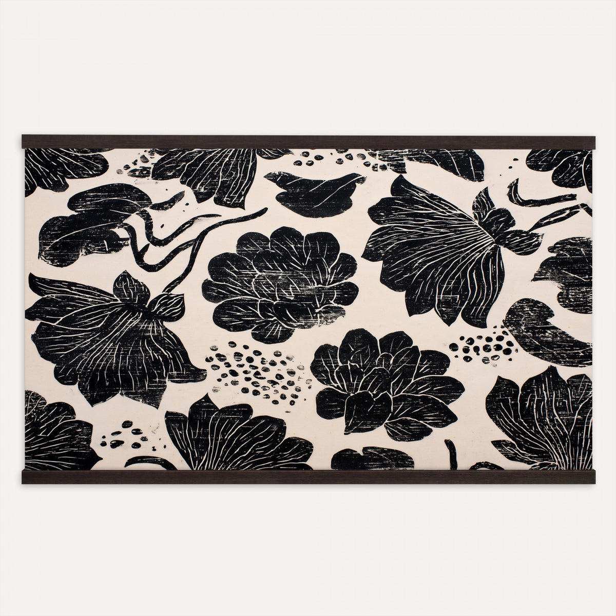 91793867-MGV-TP-30X20 - Chinoiserie ink block print tapestry wall hanging of "Chinoiserie Lotus Panel", showing open lotus flowers and broad water lily pads rising on tall stems, cut in bold black and white in deep black lotus linework on a soft white ground. Extra large wall art, made in the USA.