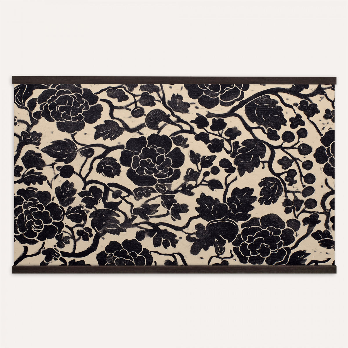 18660803-MGV-TP-30X20 - Chinoiserie ink block print tapestry wall hanging of "Chinoiserie Peony Panel", showing full peony blooms, curling stems and layered leaf work drawn in fine black line on a pale ground in deep black linework on a soft white ground. Extra large wall art, made in the USA.