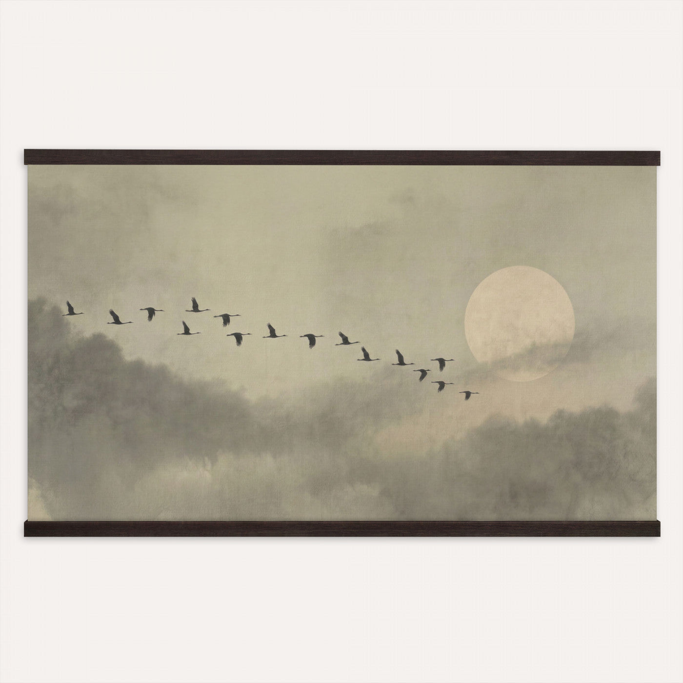 1209814BT-MGV-TP-30X20 - Flying Cranes Tapestry Wall Art, Misty Landscape with Moon, Sage Green Japandi Decor, Framed Print
