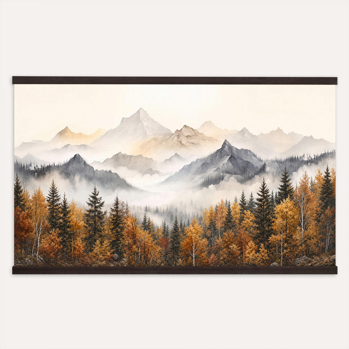 19544118-MGV-TP-30X20 - Misty Mountain Autumn Forest Canvas Wall Art - Watercolor Fall Nature Landscape Print