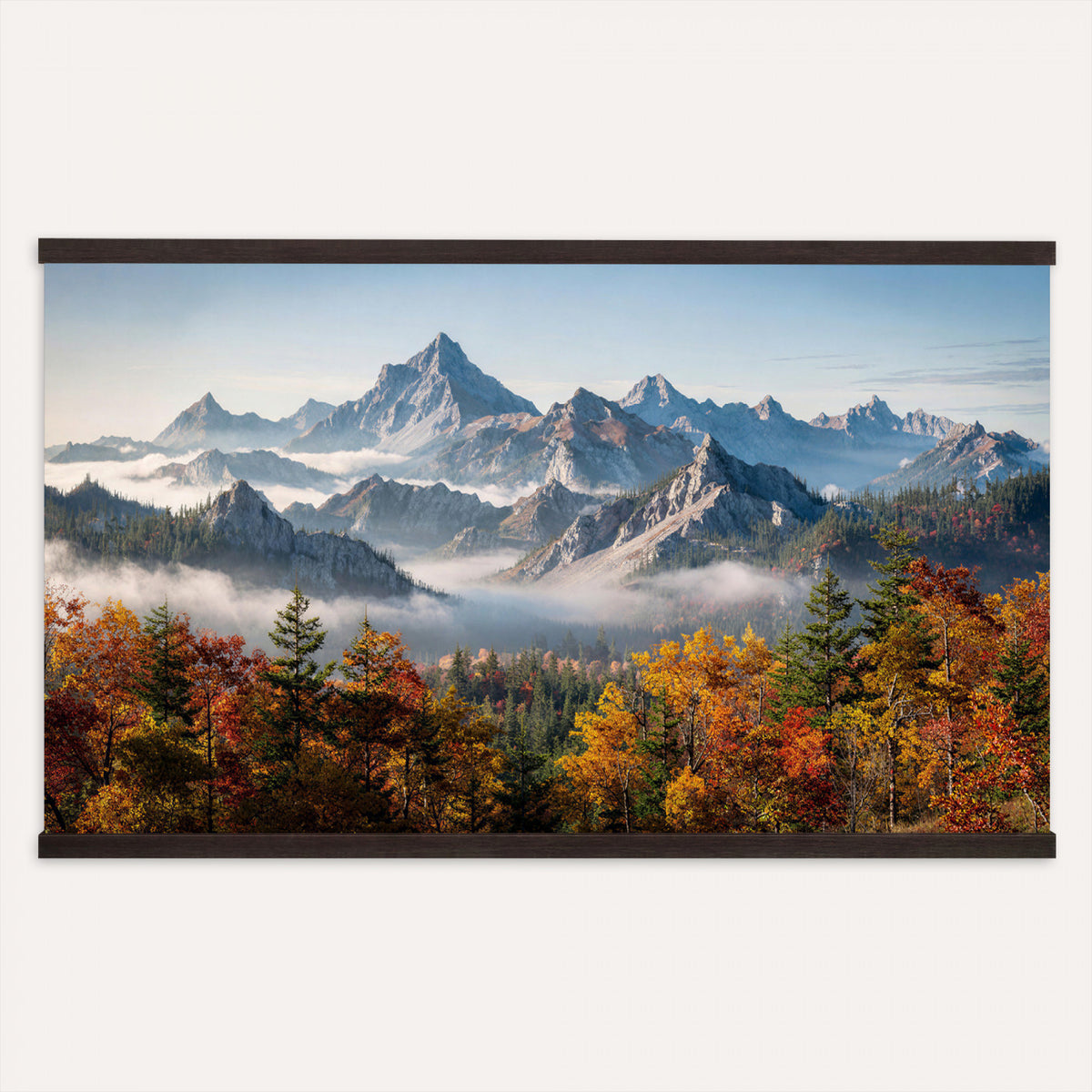 38847944-MGV-TP-30X20 - Majestic Mountain Peak Canvas Wall Art - Panoramic Autumn Forest Fog Landscape Print