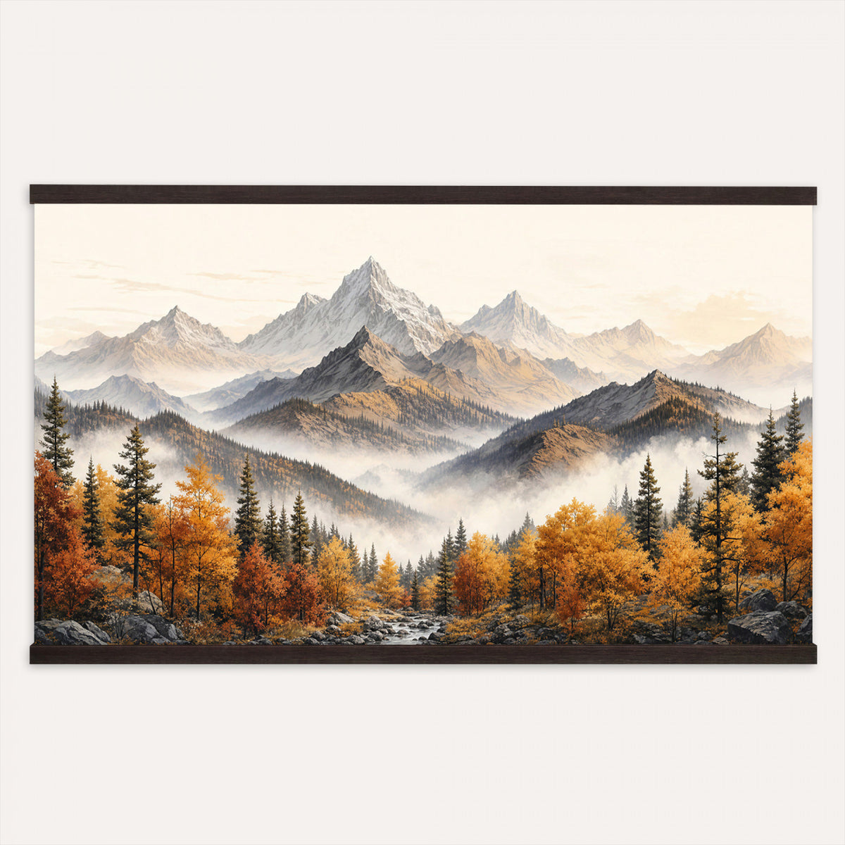 21309099-MGV-TP-30X20 - Extra Large Misty Mountain Autumn Forest Canvas Wall Art - Watercolor Fall Nature Landscape Print