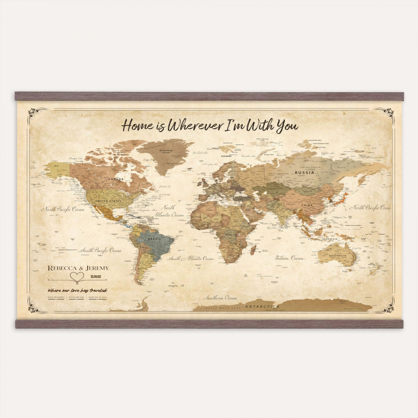 40086165-T-MGV-TP-30X20 - Framed Vintage Custom World Map Tapestry Print - Personalized Travel Map Wall Art Tapestry