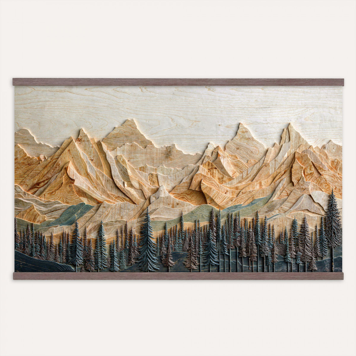 66676213-MGV-TP-30X20 - Geometric Wood Mountain Wall Art Canvas Print, 3D Look Rustic Mosaic Landscape Print