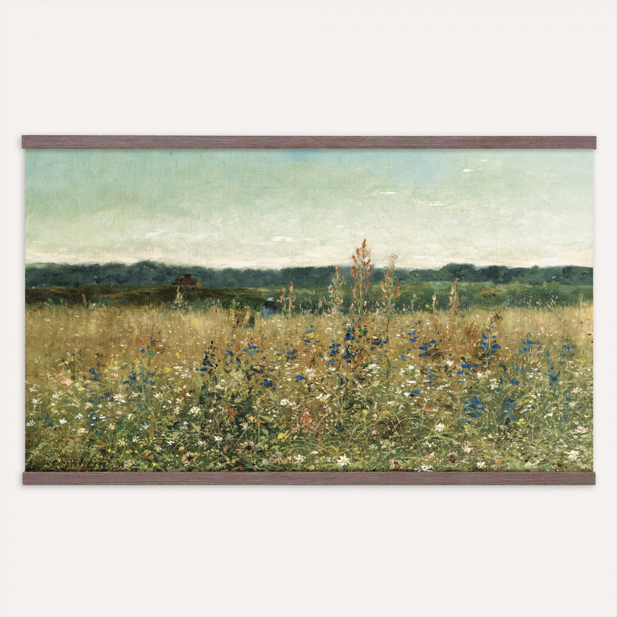 78325586-MGV-TP-30X20 - Realism oil painting tapestry wall hanging of "Champ fleuri" by Antoine Chintreuil, showing a wide flowering field running toward a low horizon, with soft scattered blooms and a pale open sky in soft white and green field tones under a pale luminous sky. Extra large wall art, made in the USA.