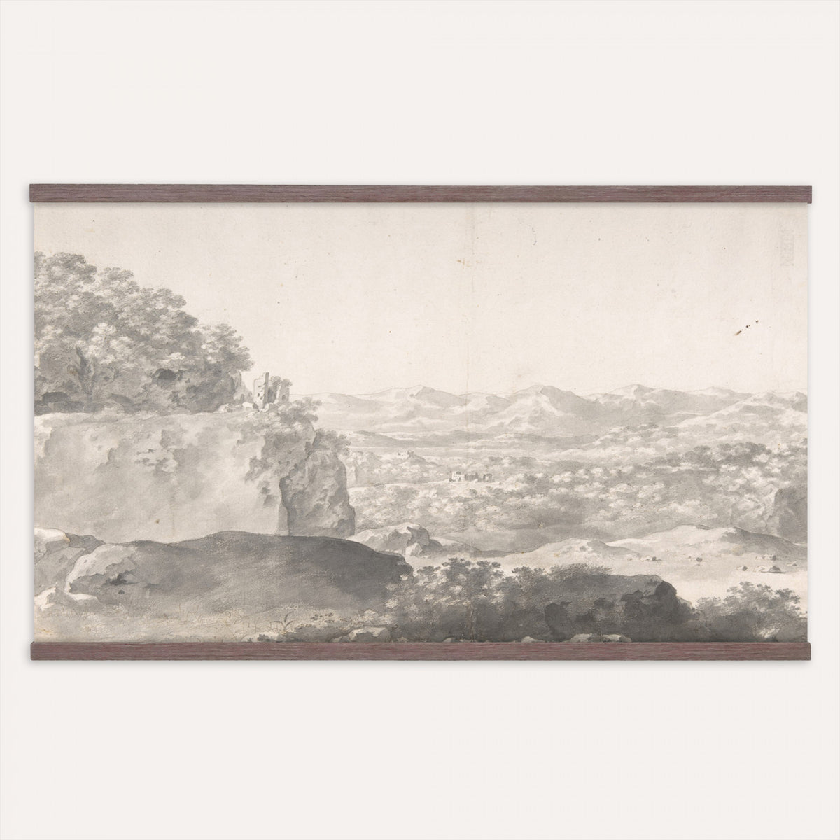 28834866-MGV-TP-30X20 - Classicism pencil and ink sketch tapestry wall hanging of "Landscape with Roman Ruins" by Hendrik Voogd, showing crumbling Roman arches set among tall trees and rocky ground, drawn in fine monochrome line work in monochrome grey and sepia line work on a warm paper tone. Extra large wall art, made in the USA.