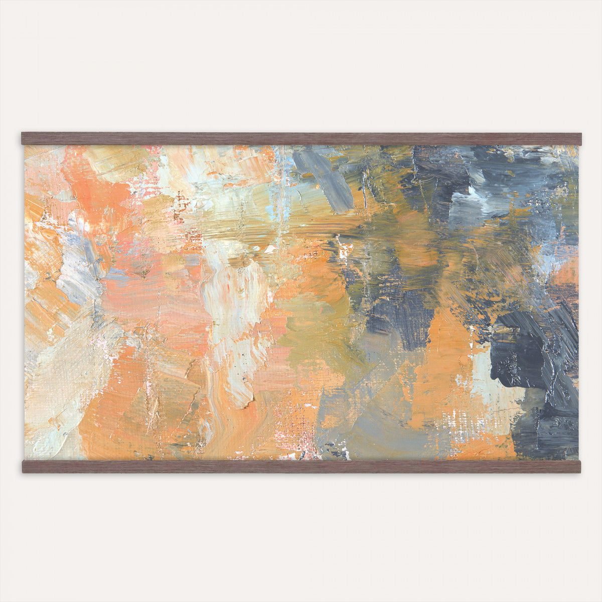 92754702-MGV-TP-30X20 - Cubism abstract oil painting tapestry wall hanging of "Abstract Landscape" by Nicolas de Stael, showing thick blocks of peach, grey, and cream laid side by side into a landscape that reads as pure shape and color in soft peach, warm grey, and cream color blocks. Extra large wall art, made in the USA.