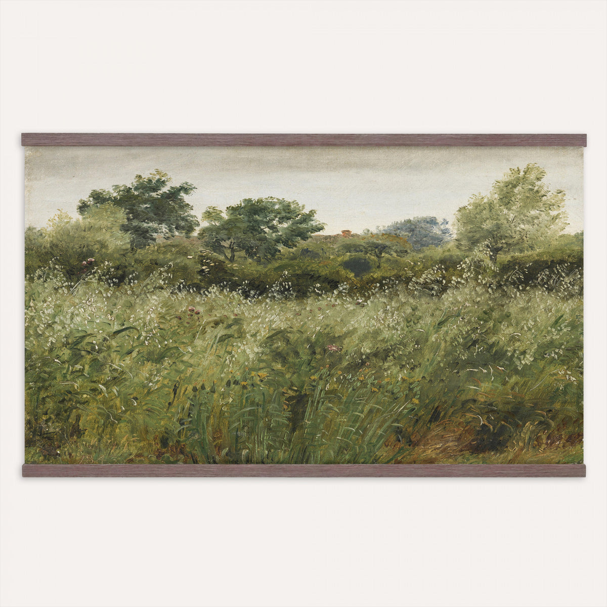 65790269-MGV-TP-30X20 - Realism oil painting tapestry wall hanging of "Field of Oats near Vejby" by Dankvart Dreyer, showing a ripe oat field bending in the breeze, with low farm buildings and a wide soft Danish sky beyond in warm golden oat tones with soft green edges under a pale wide sky. Extra large wall art, made in the USA.