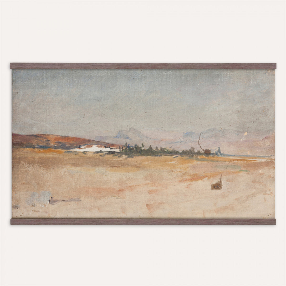 54607912-MGV-TP-30X20 - Impressionism oil painting tapestry wall hanging of "Antequera" by Jan Ciaglinski, showing the dry Andalusian hills above Antequera in warm ochre and rose light, with pale rock ridges rolling into the distance in warm ochre, rose, and sand hill tones under a bright hazy sky. Extra large wall art, made in the USA.