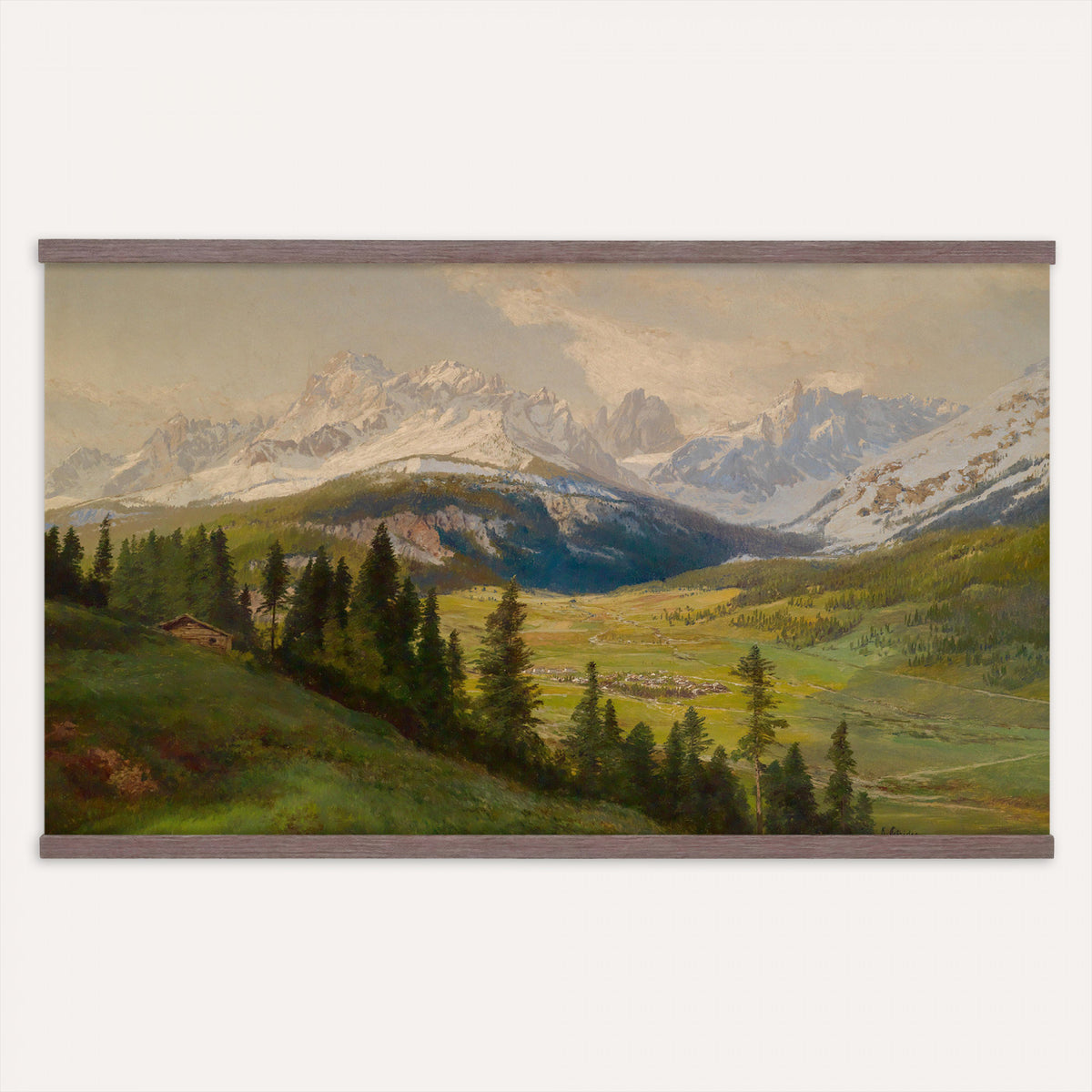 59788731-MGV-TP-30X20 - Realism charcoal and pastel sketch tapestry wall hanging of "Fields with Trees in Blossom" by Francesco Paolo Michetti, showing a dark country road running between blossoming trees, drawn in heavy charcoal under a low stormy sky in deep charcoal greys and blacks with pale blossom highlights. Extra large wall art, made in the USA.