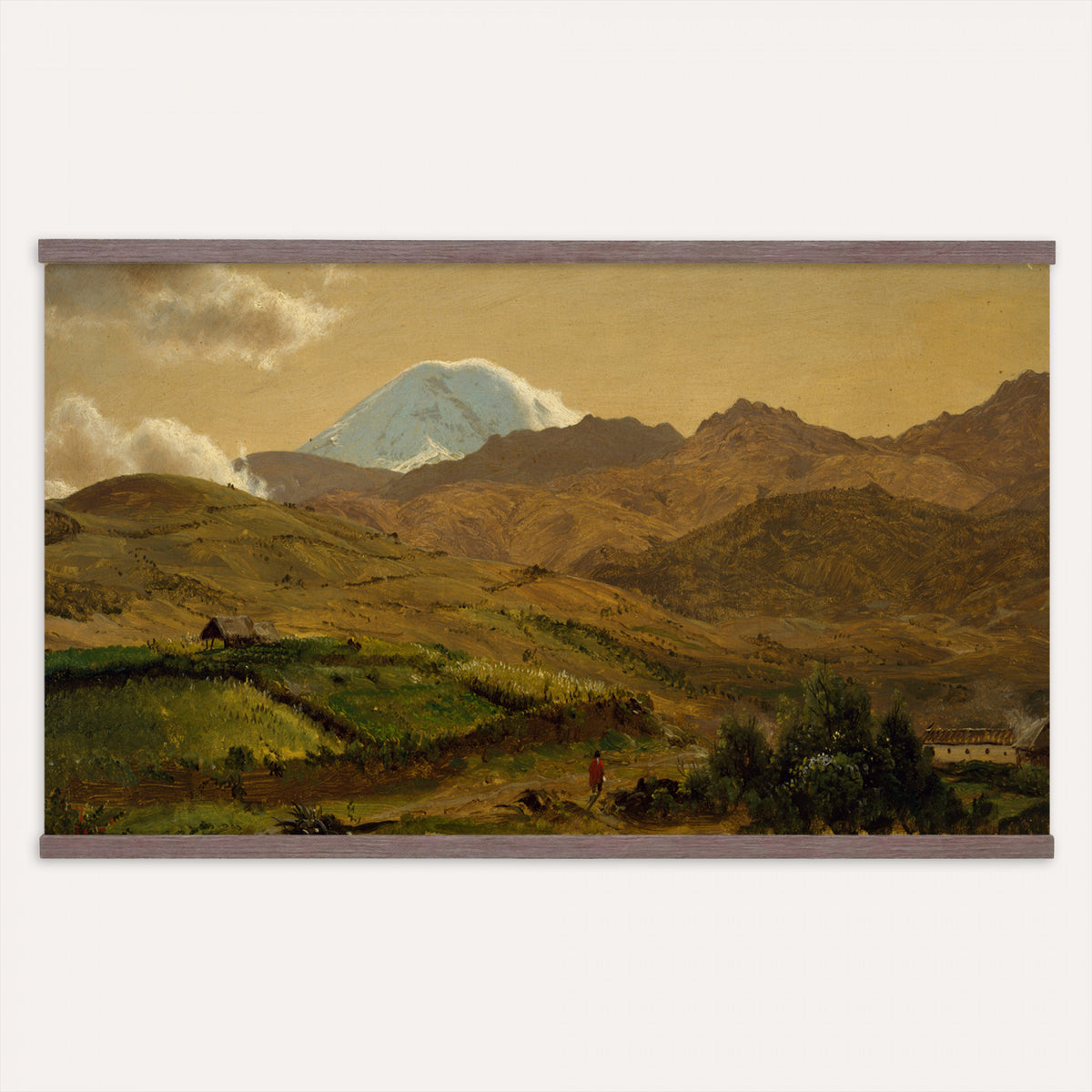 35940800-MGV-TP-30X20 - Realism oil study tapestry wall hanging of "Road across the Hills, Study" by Dankvart Dreyer, showing a bare country road climbing across open hills, with low scrub, worn ruts, and a wide Danish sky above in warm sandy road tones and dry hill greens under a pale wide sky. Extra large wall art, made in the USA.