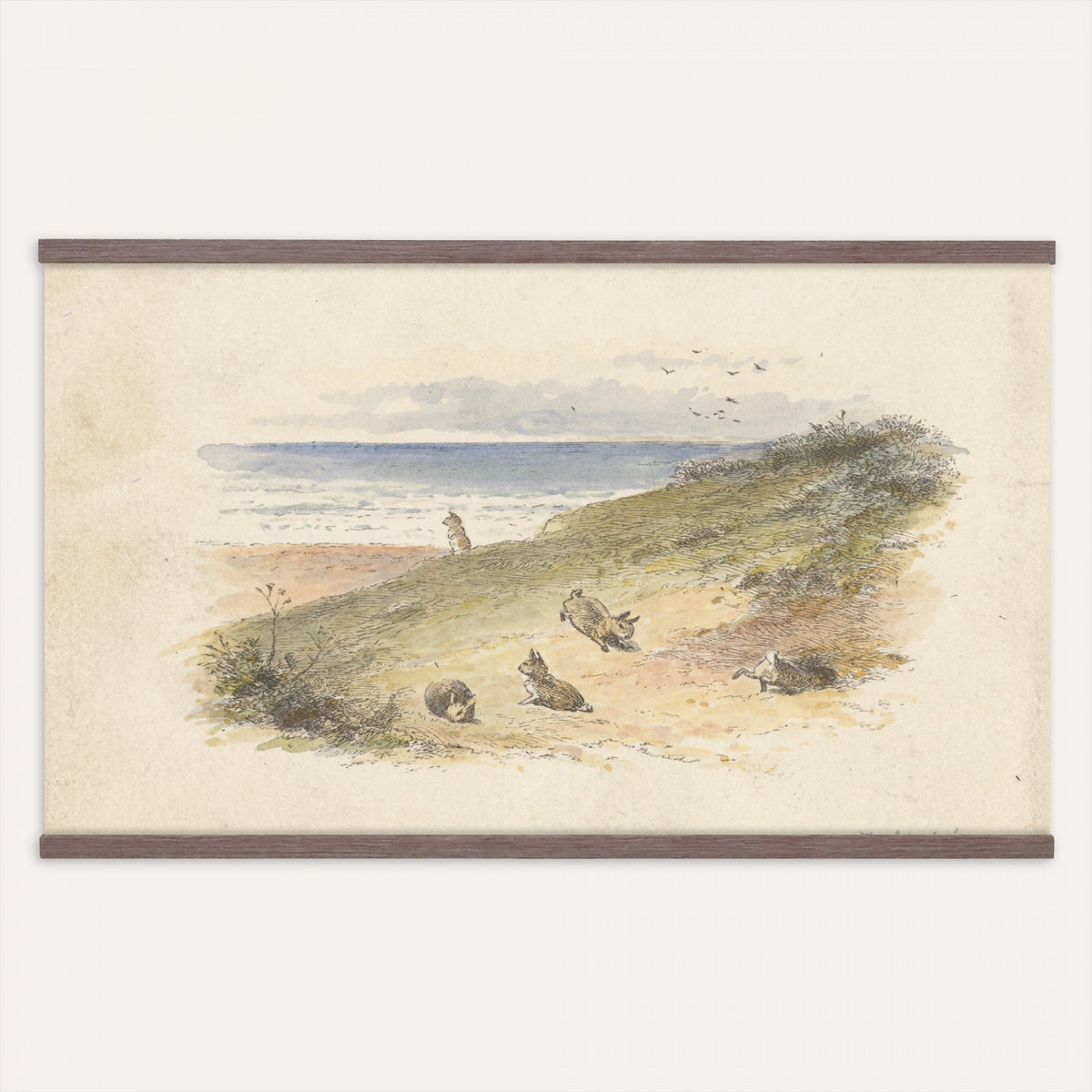 66469086-MGV-TP-30X20 - Post Impressionism oil painting tapestry wall hanging of "Spring" by Ernest de Chamaillard, showing a stone Breton cottage behind a blossoming tree in full pink bloom, with a bright spring garden around it in soft pink blossoms against grey stone walls and new spring green. Extra large wall art, made in the USA.
