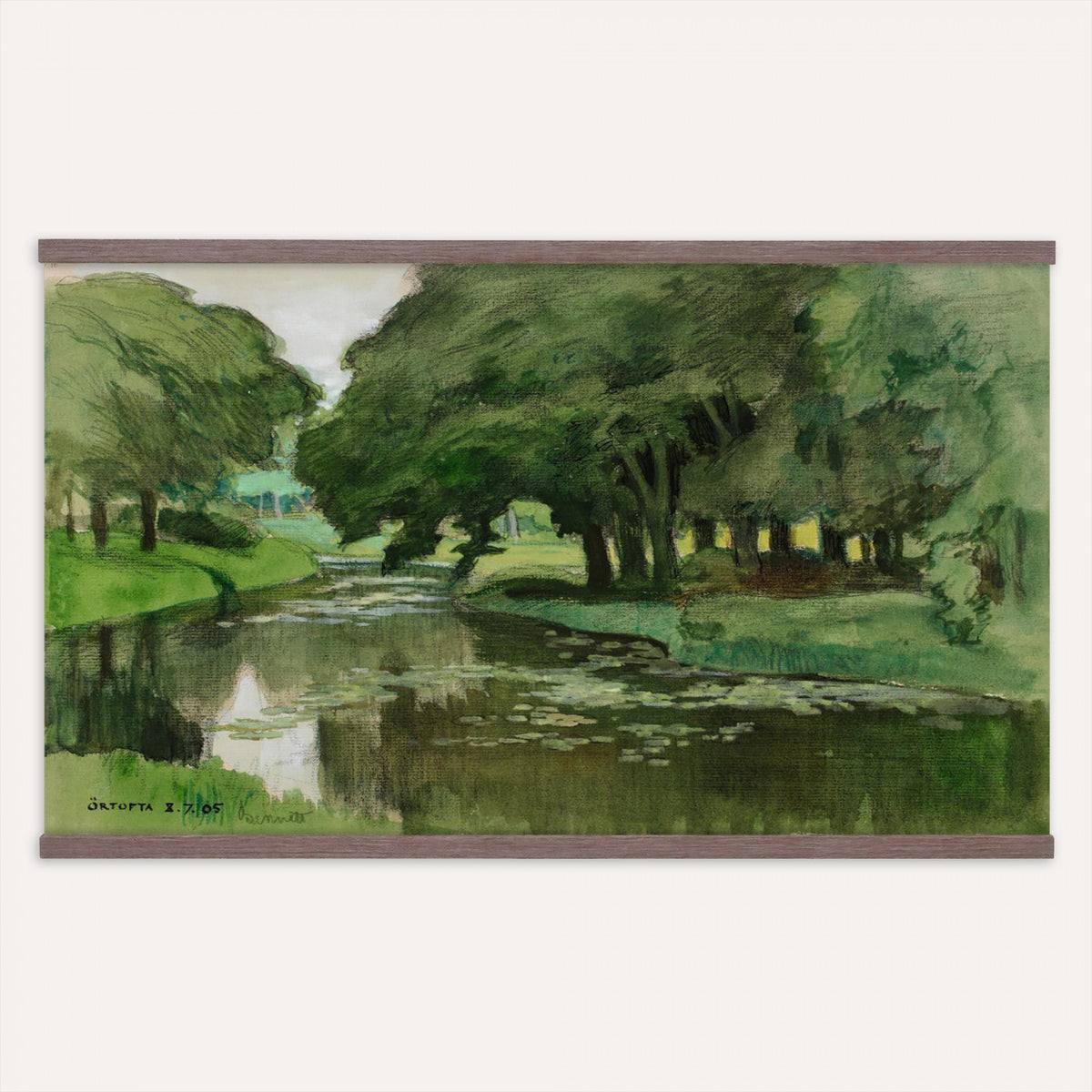 91917894-MGV-TP-30X20 - Tonalism oil painting tapestry wall hanging of "Hill and Marshland" by Charles Harold Davis, showing a low marsh threaded with still water channels, tall reeds, and a rounded hill under a wide luminous sky in muted marsh greens and browns under a wide pale luminous sky. Extra large wall art, made in the USA.