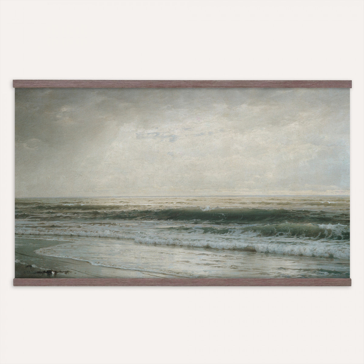 95916944-MGV-TP-30X20 - Barbizon oil painting tapestry wall hanging of "The River" by Edward Gay, showing a wide slow river cutting through deep summer meadow grass, with low trees and a soft open sky beyond in rich moss and olive green meadow tones with a pale silver river. Extra large wall art, made in the USA.