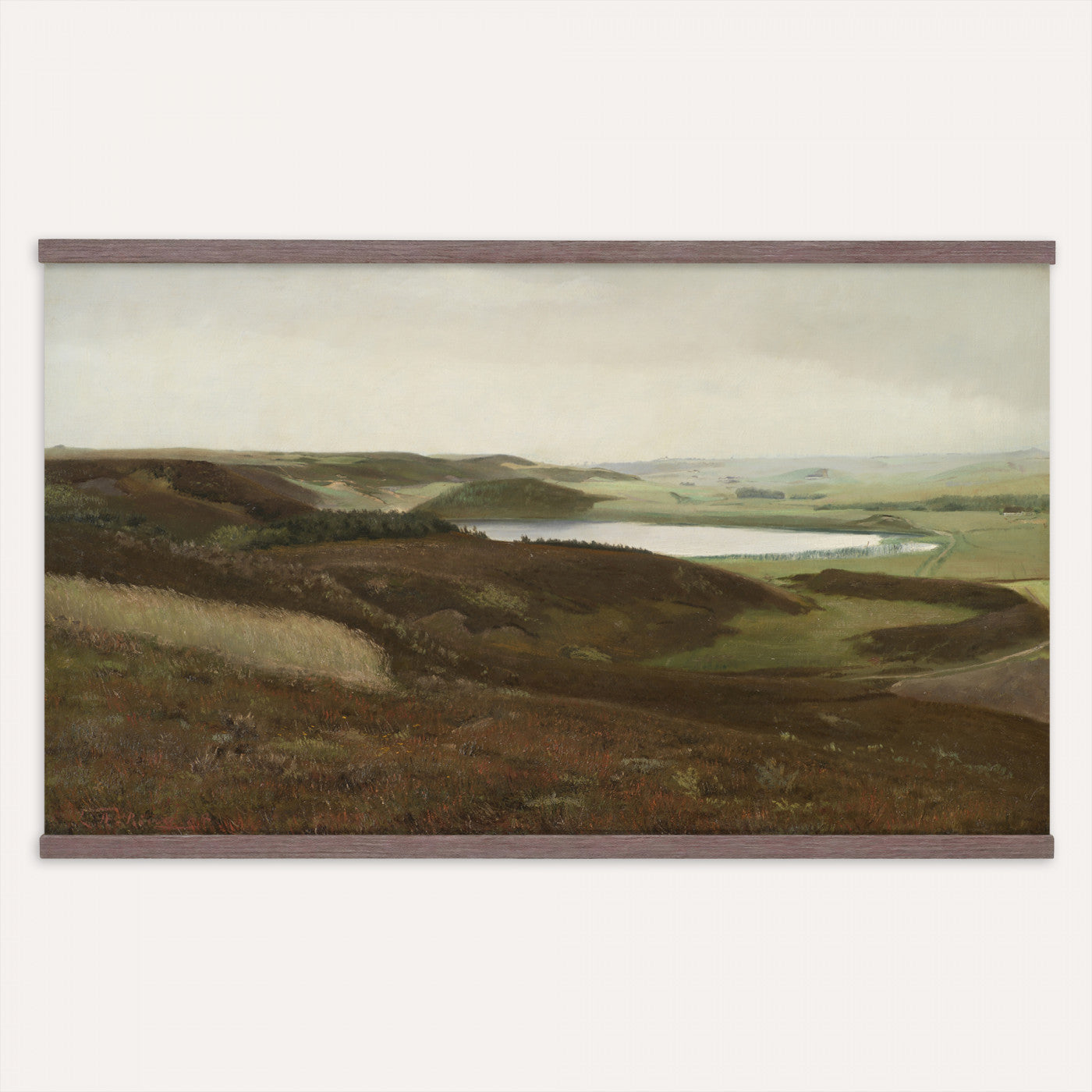 13706816-MGV-TP-30X20 - Expressionism oil painting tapestry wall hanging of "Dunes" by James Ensor, showing a steep dune ridge cutting across the canvas, with wind-bent grasses and a heavy sky pressing down behind it in muted sand and olive dune tones under a dark weighted sky. Extra large wall art, made in the USA.