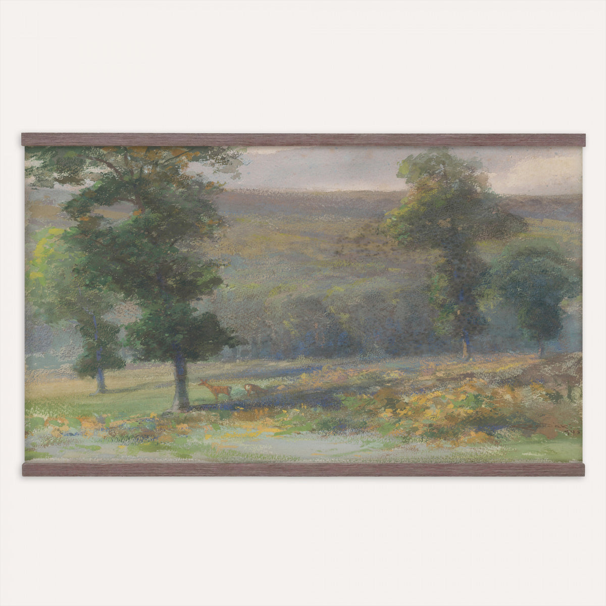 18426804-MGV-TP-30X20 - Barbizon watercolor tapestry wall hanging of "View of a Stream" by Henri-Joseph Harpignies, showing a narrow stream curving through soft banks, with a worn footpath and full leafy trees closing in overhead in soft green foliage and cool blue water under a pale washed sky. Extra large wall art, made in the USA.