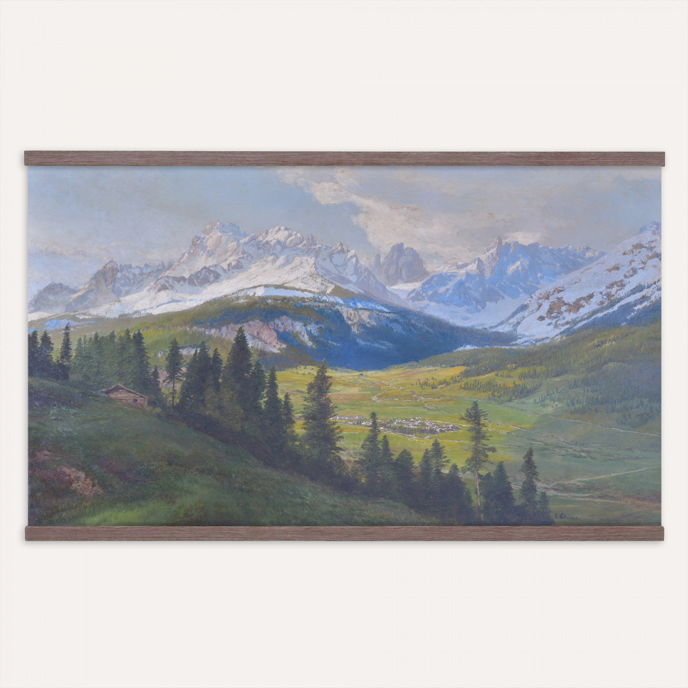 10840888-MGV-TP-30X20 - Romanticism oil study tapestry wall hanging of "A Lake Landscape" by Joseph Selleny, showing a still mountain lake under gathering storm clouds, with steep dark slopes falling straight into the water in deep slate blue water and dark mountain slopes under a heavy grey sky. Extra large wall art, made in the USA.