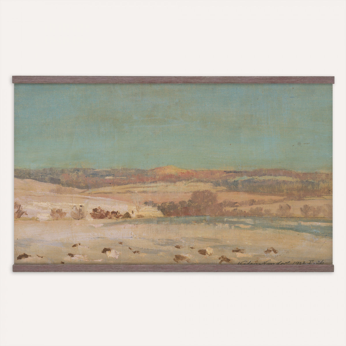 36472080-MGV-TP-30X20 - Tonalism oil painting tapestry wall hanging of "Landscape" by Max Weyl, showing a slow river catching a pink sunset, soft meadow grasses, and dark tree silhouettes along the far bank in warm pink and apricot sky tones over muted green meadow and dark trees. Extra large wall art, made in the USA.