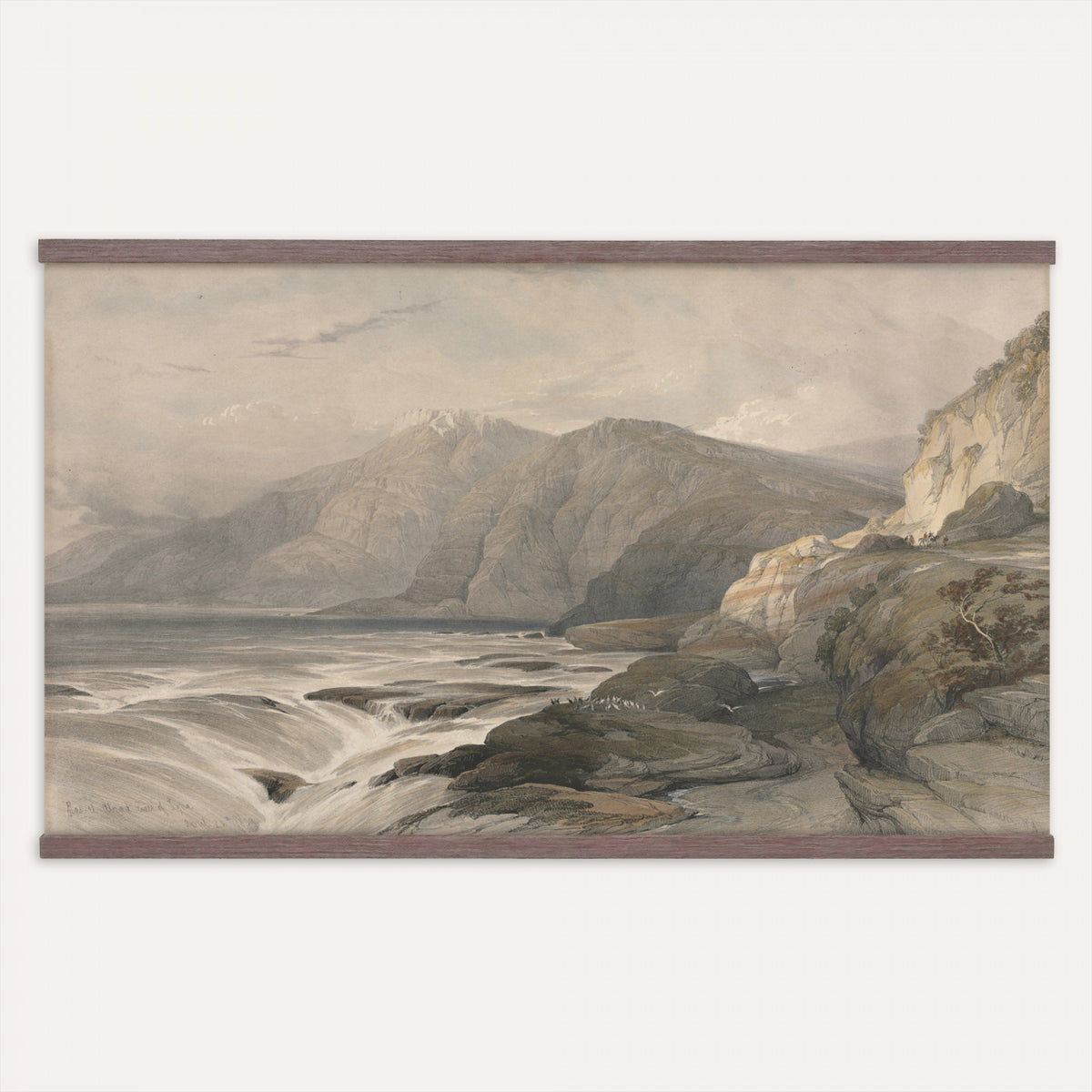 36494221-MGV-TP-30X20 - Realism oil painting tapestry wall hanging of "Stormy Sea" by Alfred Jensen, showing heavy breaking waves rolling under a dark storm sky, with white foam catching the last light on the water in deep grey-green waves with white foam under a heavy storm sky. Extra large wall art, made in the USA.
