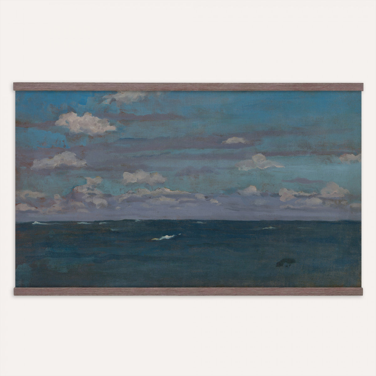 31189911-MGV-TP-30X20 - Art Nouveau pastel study tapestry wall hanging of "The Immensity" by Antoni Fabres, showing a wide empty shoreline meeting a soft pastel sky, with slow drifting clouds and a barely visible horizon line in pale pink, cream, and soft blue cloud tones over a quiet shore. Extra large wall art, made in the USA.