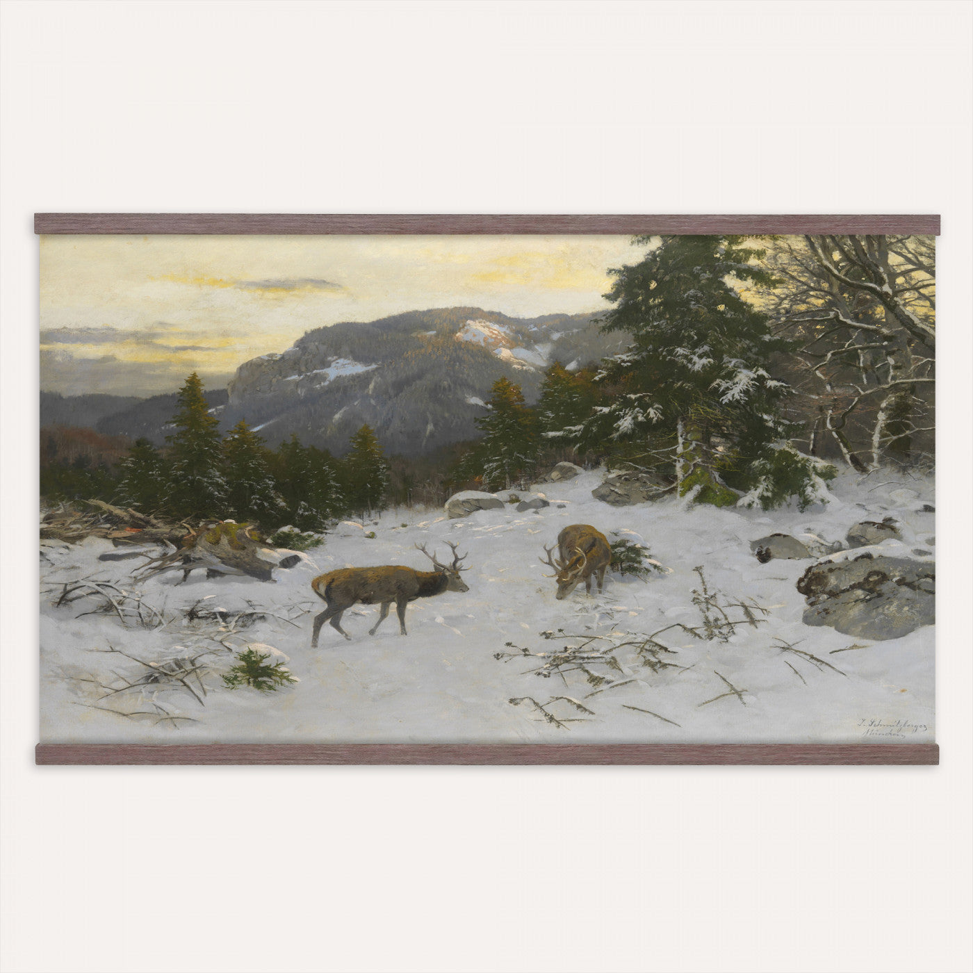 88363585-MGV-TP-30X20 - Realism oil painting tapestry wall hanging of "Rotwild" by Franz Xaver von Pausinger, showing a herd of red deer resting in a quiet clearing, tall grasses, and dark forest edges fading into soft light in warm russet deer coats against deep forest green and golden grass. Extra large wall art, made in the USA.