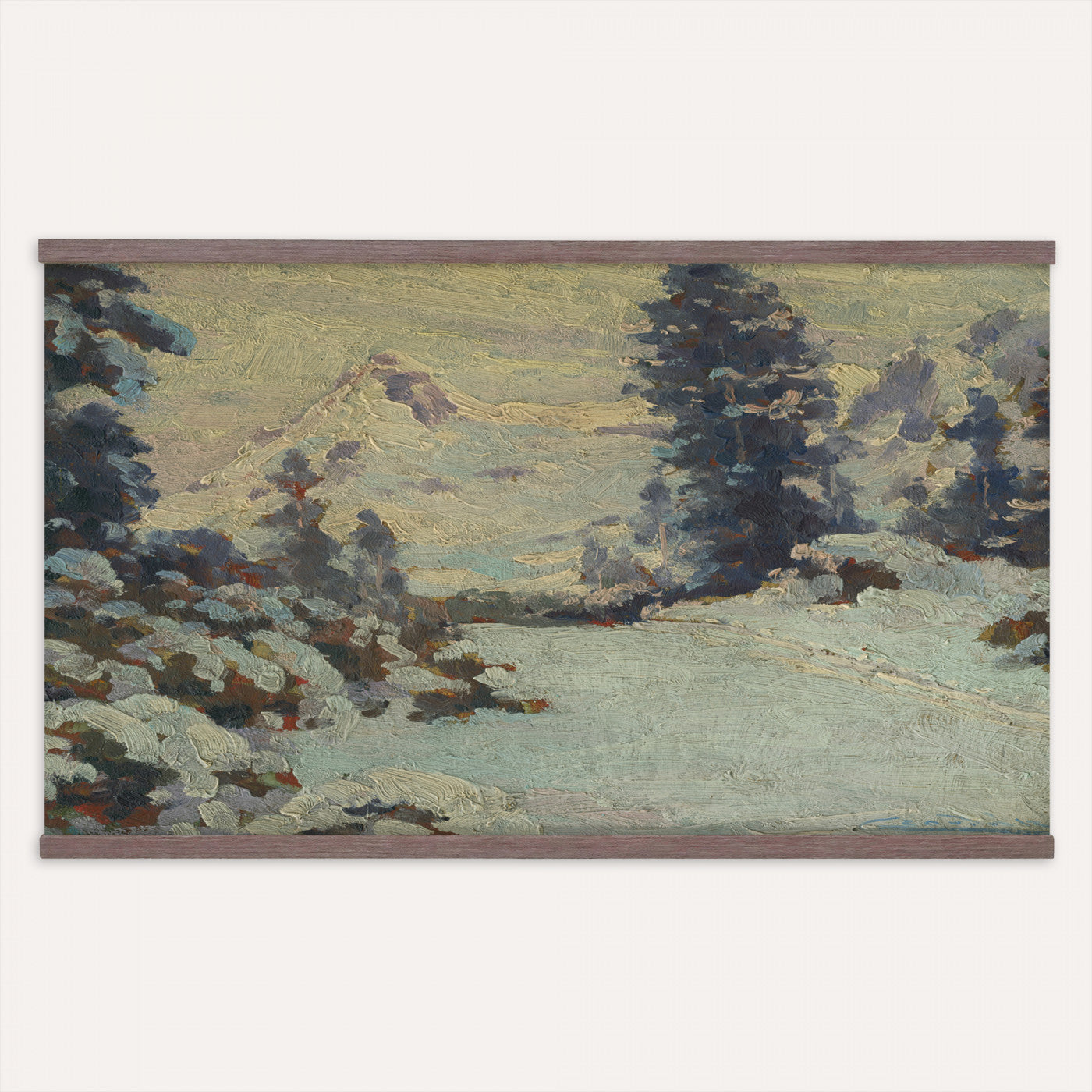 66869729-MGV-TP-30X20 - Realism oil painting tapestry wall hanging of "An Evening in March" by Charlotte Wahlstrom, showing bare late-winter trees along a still river, patches of melting snow, and a low golden evening light on the horizon in cool blue snow shadows against a warm amber sunset sky. Extra large wall art, made in the USA.