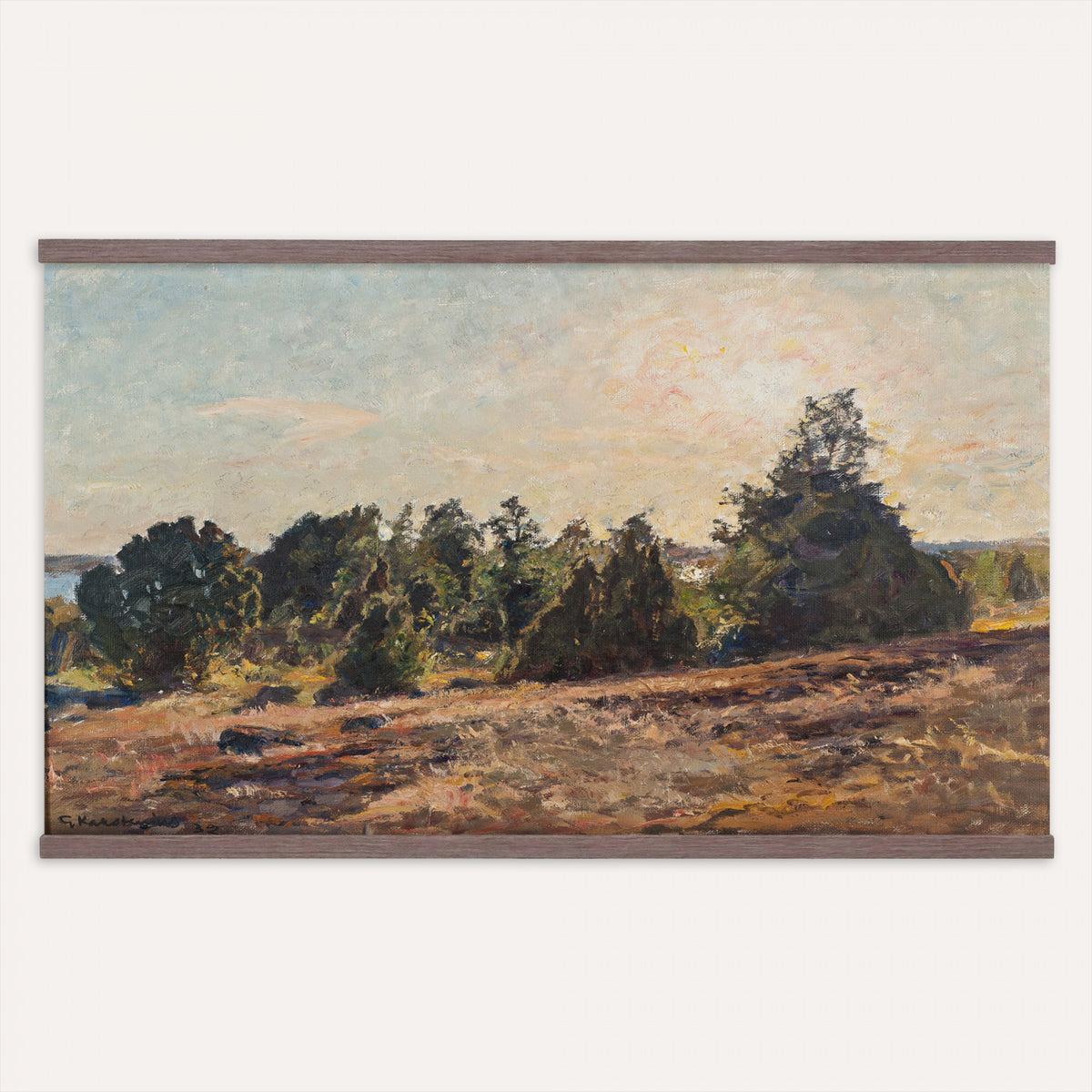 89318871-MGV-TP-30X20 - Impressionism oil painting tapestry wall hanging of "Landscape" by Jane Sutherland, showing a sunlit open field, dry golden grasses, and slender eucalyptus trees leaning under a bright southern sky in warm golden field tones with soft sage-green eucalyptus foliage. Extra large wall art, made in the USA.